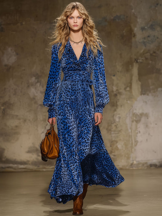 Fashion Retro Royal Blue Velvet Leopard Print Long Sleeve Ruffle Maxi Dress