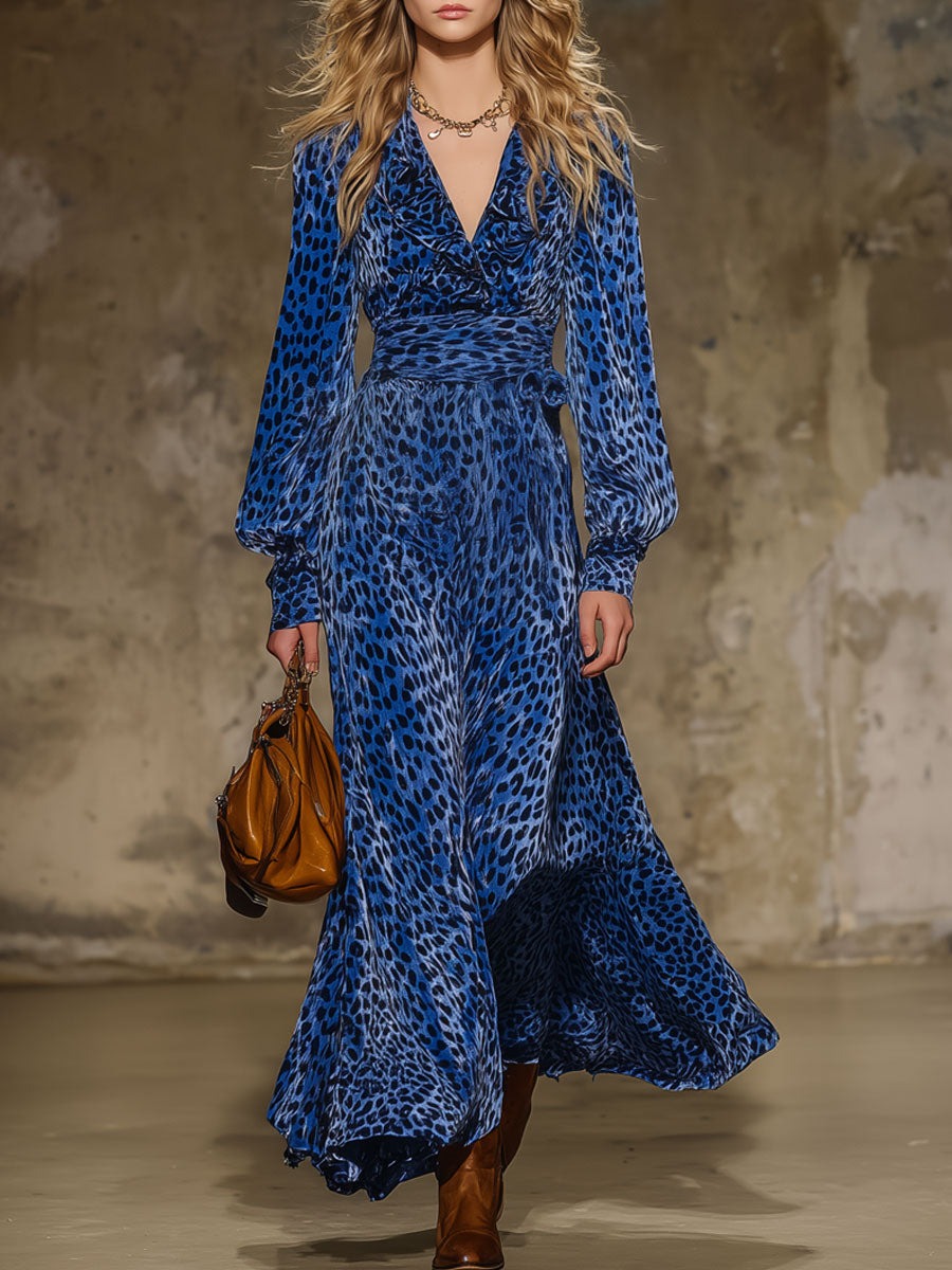 Fashion Retro Royal Blue Velvet Leopard Print Long Sleeve Ruffle Maxi Dress