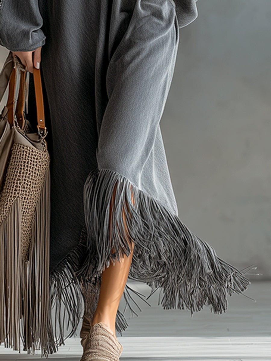 Elegant Silhouette Grey Denim Tassel Long Sleeve Maxi Dress