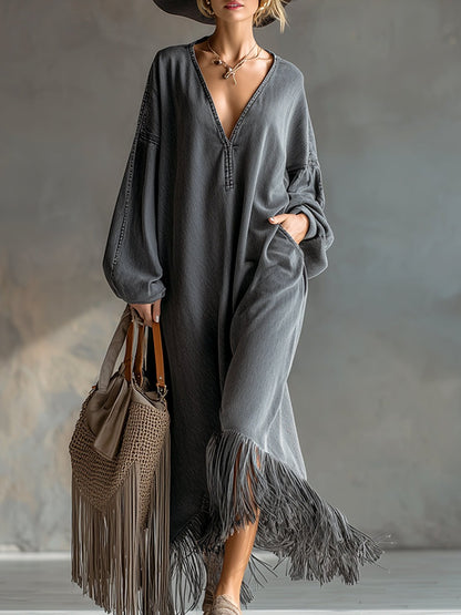 Elegant Silhouette Grey Denim Tassel Long Sleeve Maxi Dress