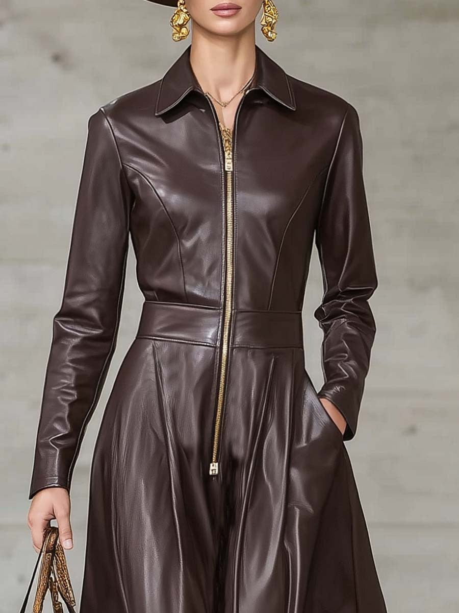Exquisite Temperament Front Zip Long Sleeve High Quality Brown Leather Midi Dress