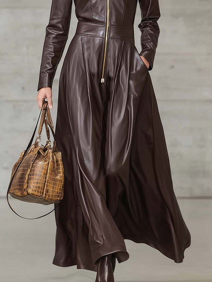 Exquisite Temperament Front Zip Long Sleeve High Quality Brown Leather Midi Dress
