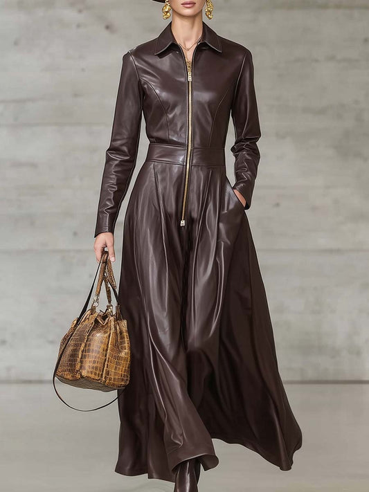 Exquisite Temperament Front Zip Long Sleeve High Quality Brown Leather Midi Dress