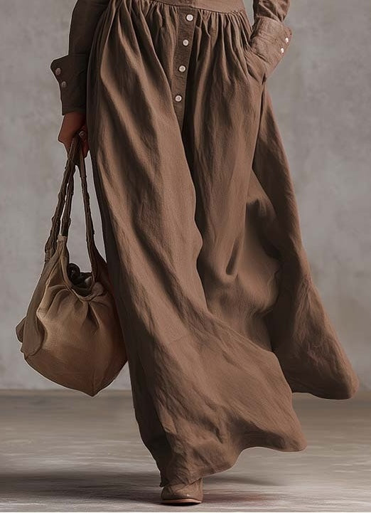 Exquisite Retro Western Lapel Front Button Red Windbreaker Style Cotton And Linen Maxi Dress