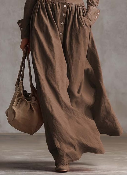 Exquisite Retro Western Lapel Front Button Red Windbreaker Style Cotton And Linen Maxi Dress