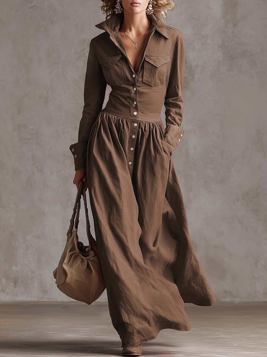 Exquisite Retro Western Lapel Front Button Red Windbreaker Style Cotton And Linen Maxi Dress