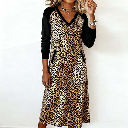 Brown Long Sleeve Leopard Midi Dress