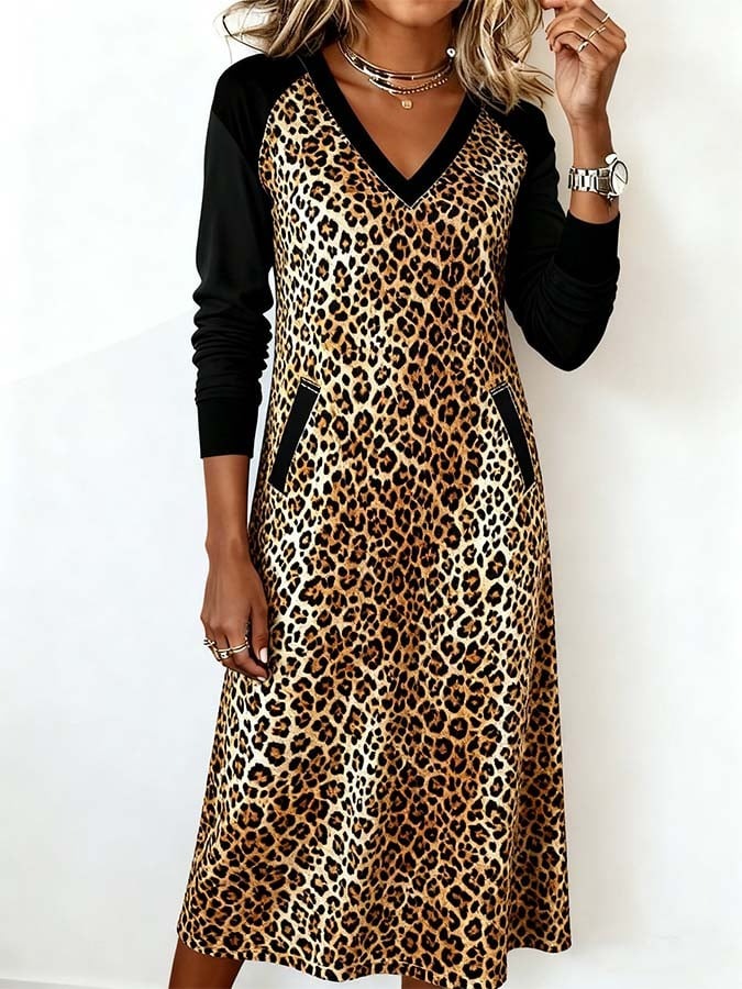 Brown Long Sleeve Leopard Midi Dress