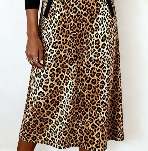 Brown Long Sleeve Leopard Midi Dress