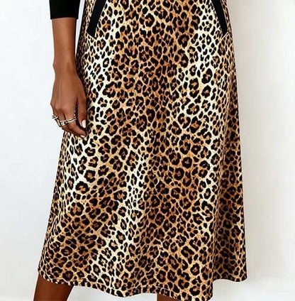 Brown Long Sleeve Leopard Midi Dress