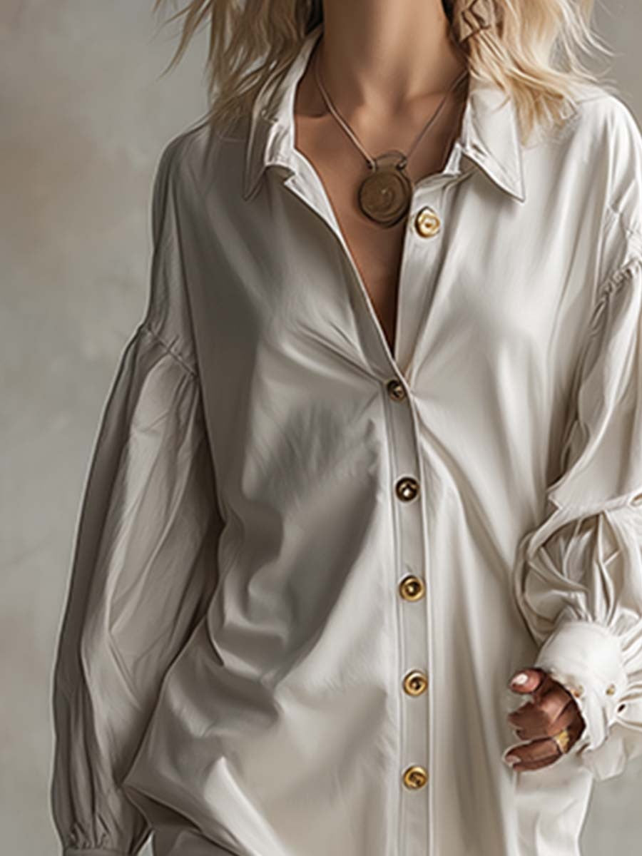 Fashionable And Casual White Lapel Front Button PU Maxi Dress