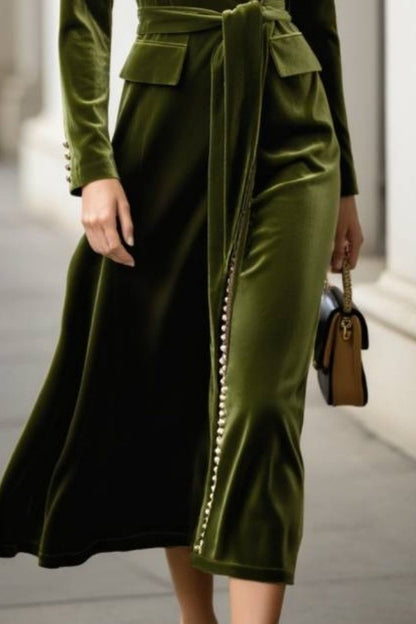 Work Velvet Dress Green V Neck Long Sleeve Midi Dress