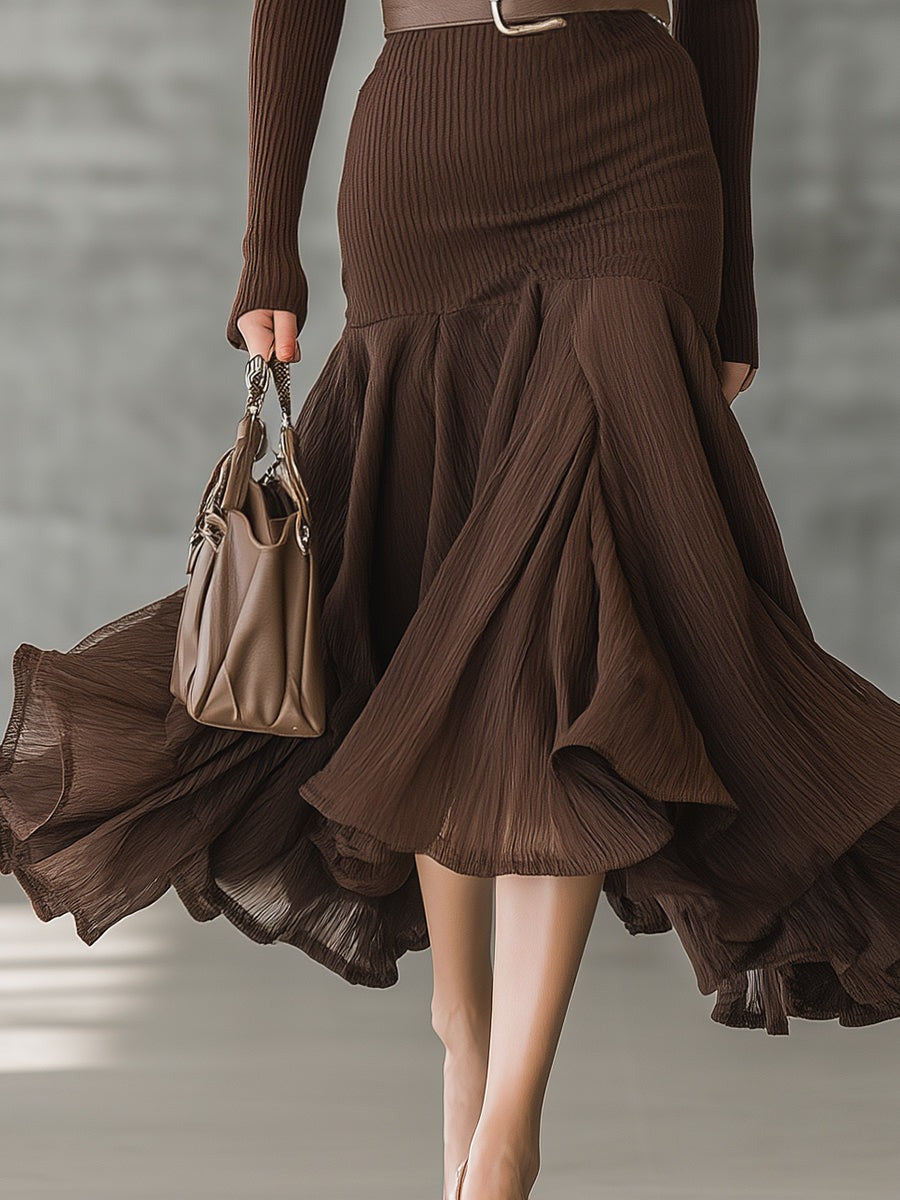 Simple V-neck Hem Stitching Crinkled Chocolate Color Knitted Maxi Dress