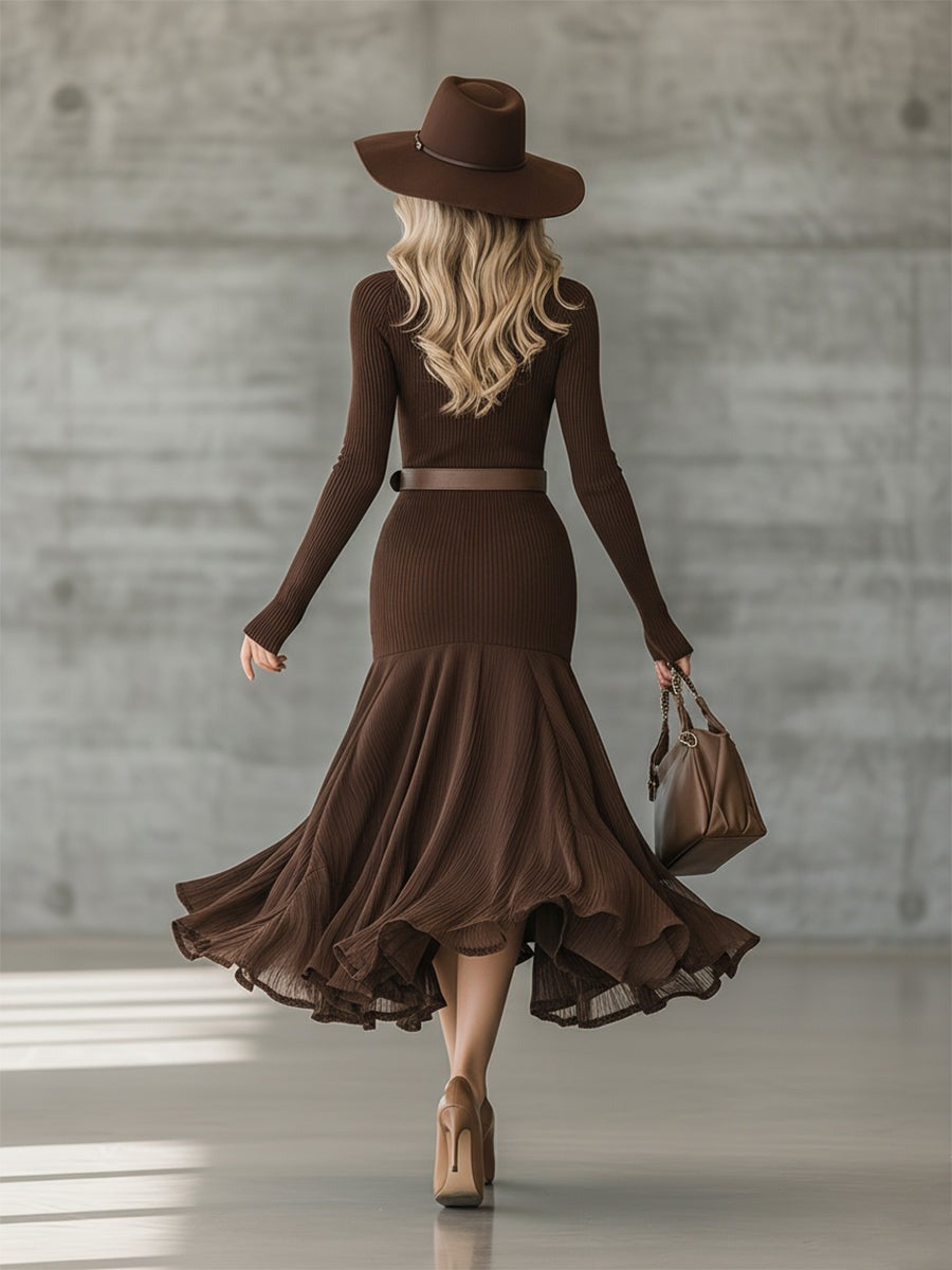 Simple V-neck Hem Stitching Crinkled Chocolate Color Knitted Maxi Dress