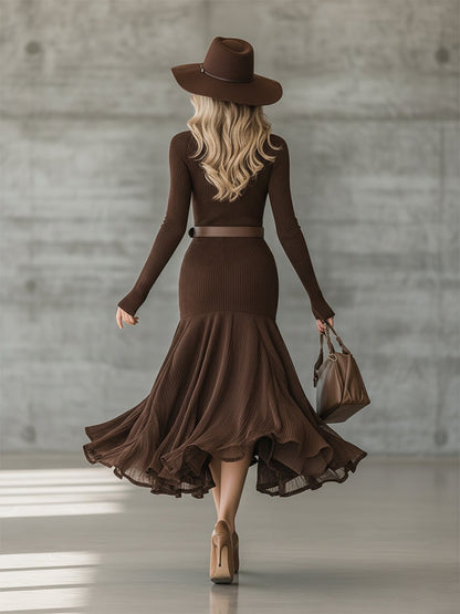Simple V-neck Hem Stitching Crinkled Chocolate Color Knitted Maxi Dress