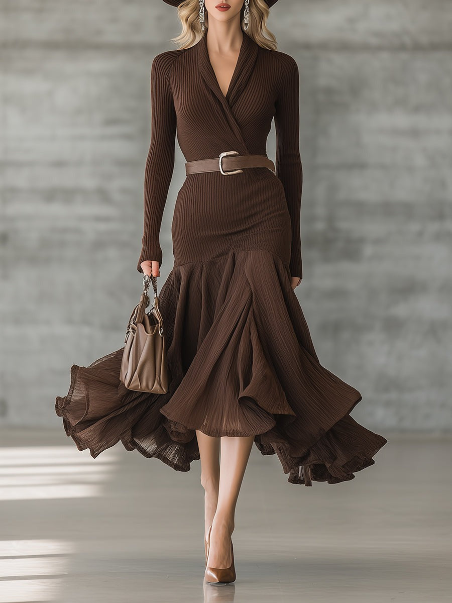Simple V-neck Hem Stitching Crinkled Chocolate Color Knitted Maxi Dress
