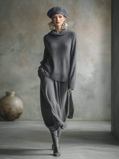 Elegant Minimalist Gray Hooded Sweater Skirt Set