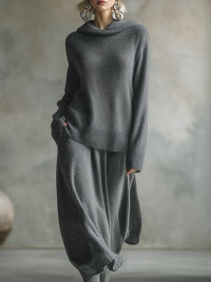 Elegant Minimalist Gray Hooded Sweater Skirt Set