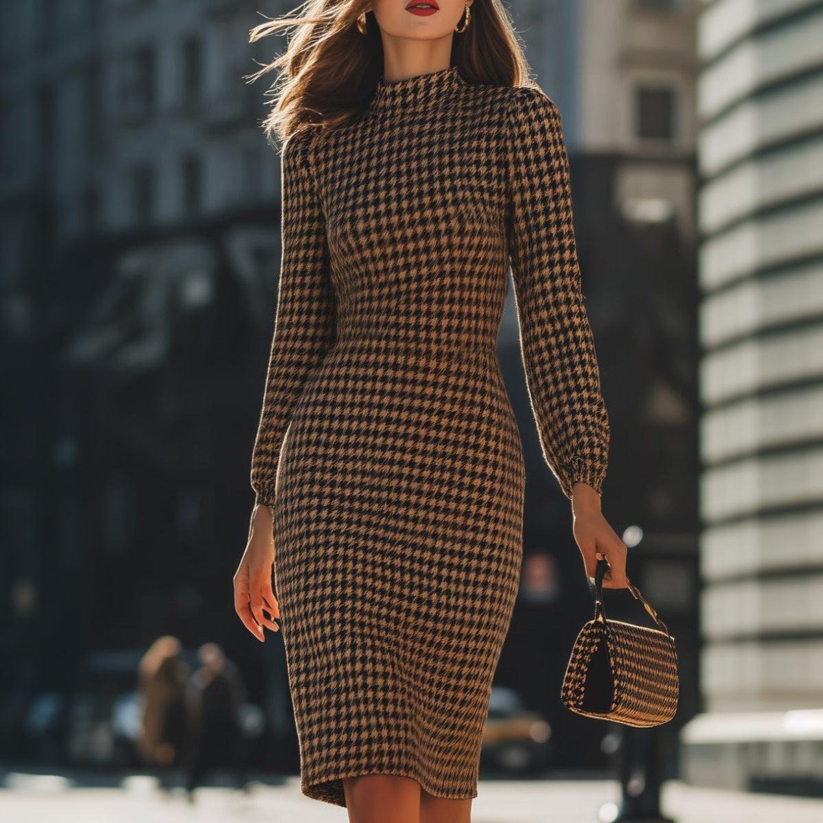 Chic Houndstooth Mock Neck Mini Dress
