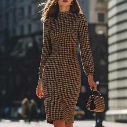 Chic Houndstooth Mock Neck Mini Dress