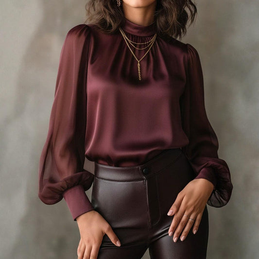Elegant Burgundy Plain Top With Puffed Long Sleeve