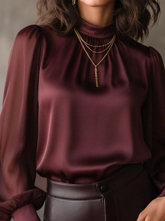 Elegant Burgundy Plain Top With Puffed Long Sleeve
