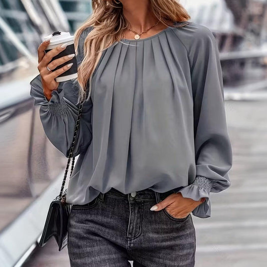 Grey Plain Top With Flared Long Sleeve