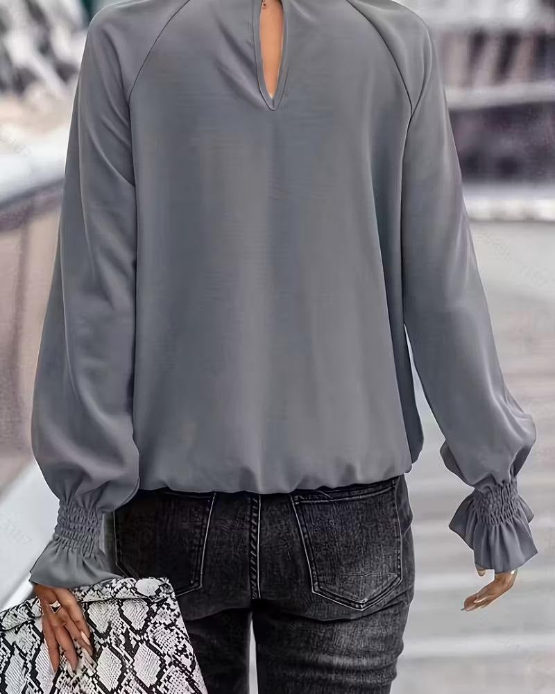 Grey Plain Top With Flared Long Sleeve