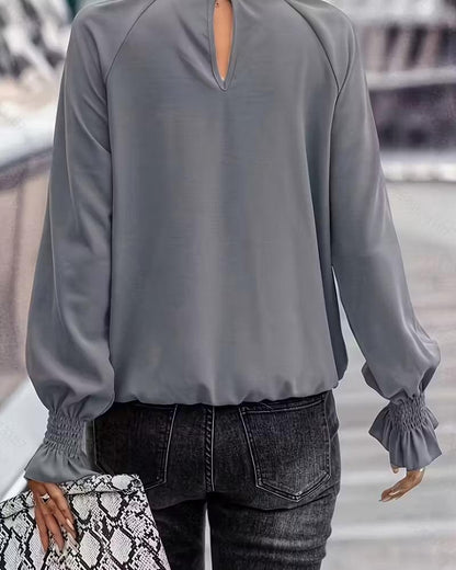 Grey Plain Top With Flared Long Sleeve
