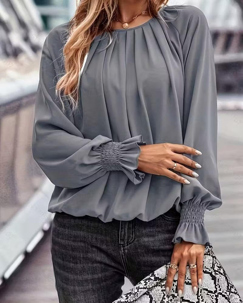 Grey Plain Top With Flared Long Sleeve