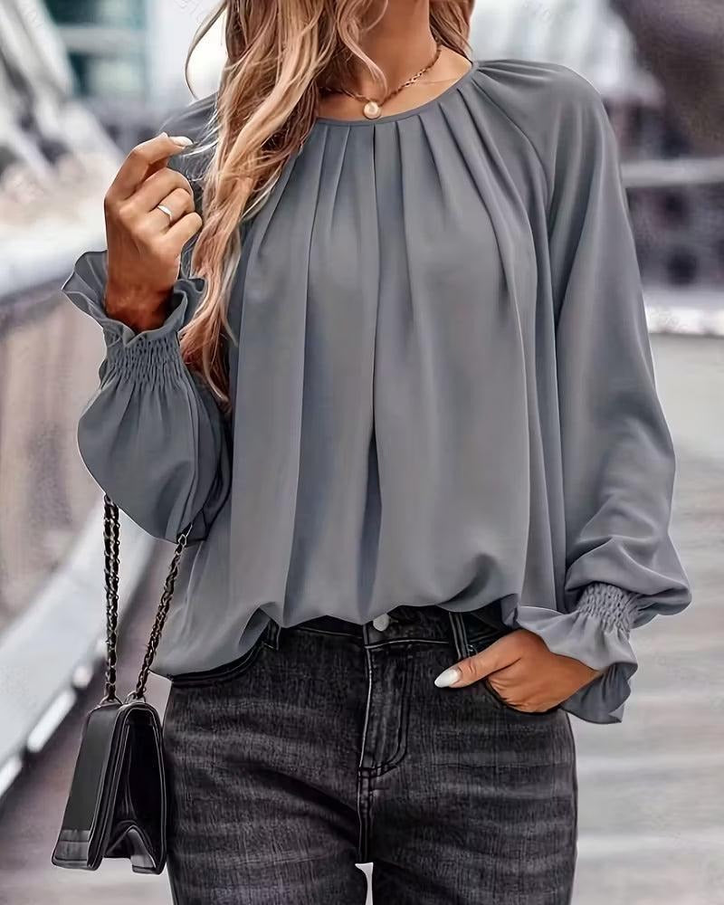 Grey Plain Top With Flared Long Sleeve