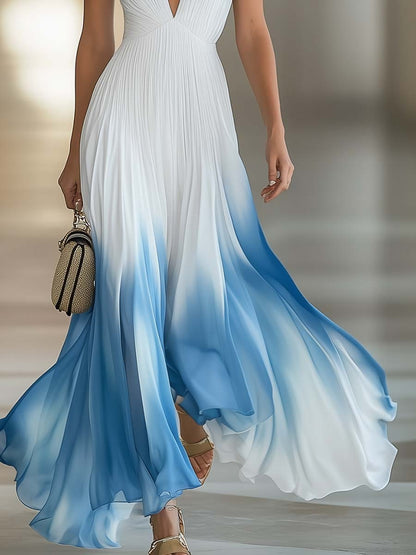 Elegant And Flowing V-Neck Pleated Chiffon Blue Gradient White Maxi Dress