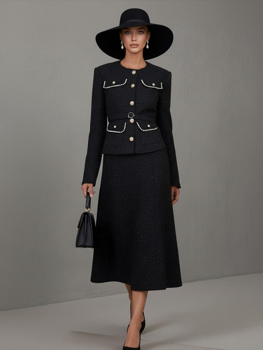 Elegant Vintage Tweed Jacket And Long Skirt Set