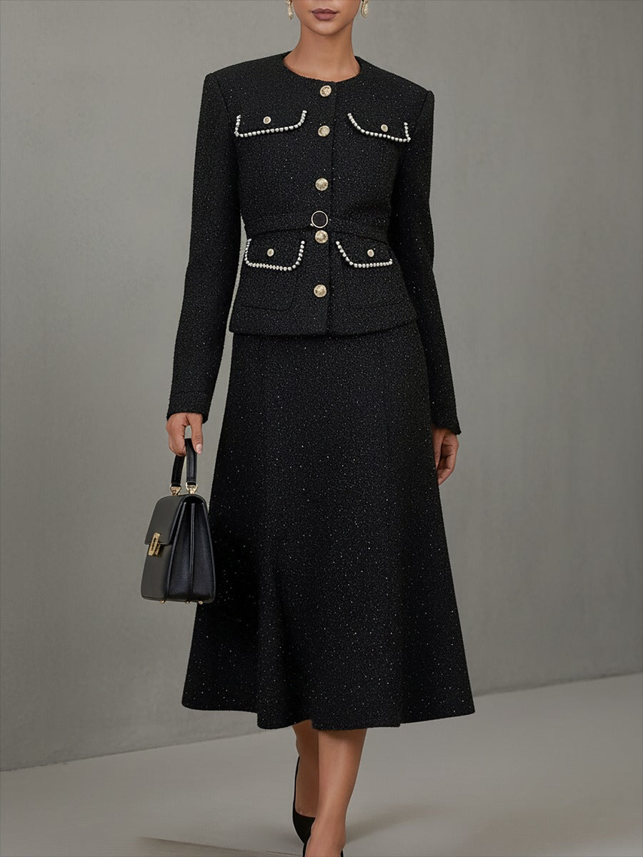 Elegant Vintage Tweed Jacket And Long Skirt Set