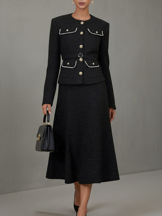 Elegant Vintage Tweed Jacket And Long Skirt Set