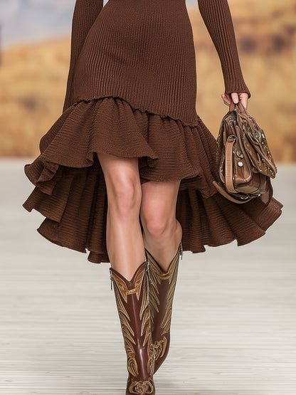 Vintage Zipper Lapel Ruffle Dress