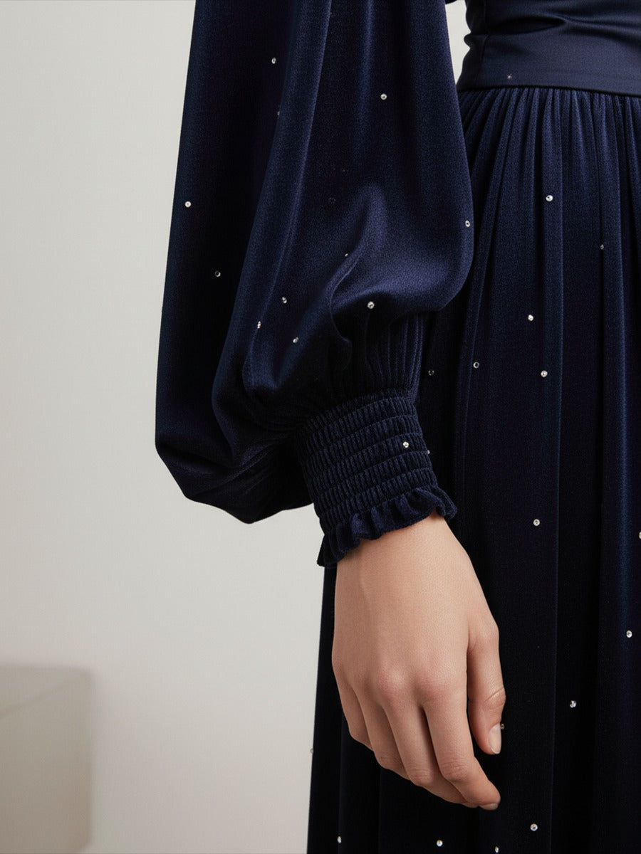 Elegant Retro Stand Collar Rhinestone Velvet Dress