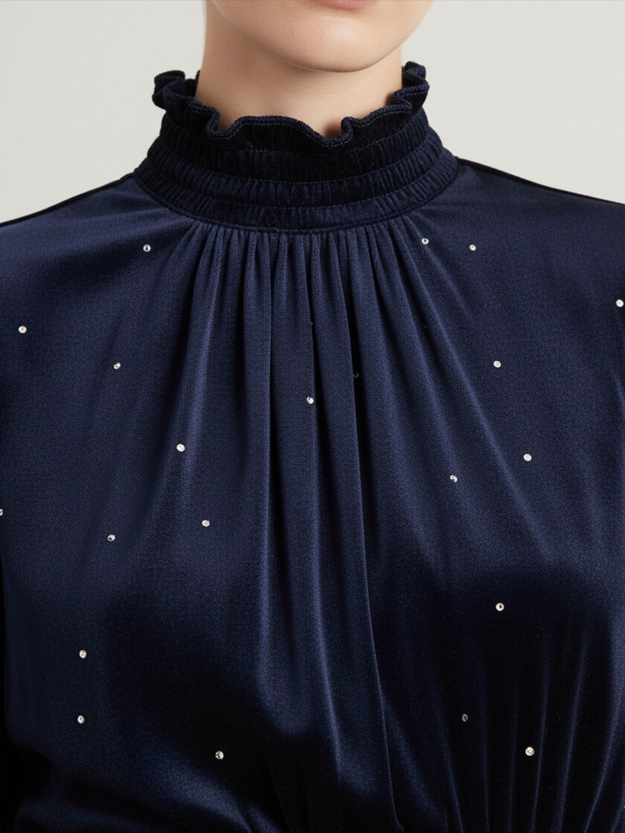 Elegant Retro Stand Collar Rhinestone Velvet Dress