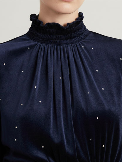 Elegant Retro Stand Collar Rhinestone Velvet Dress