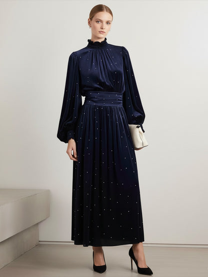 Elegant Retro Stand Collar Rhinestone Velvet Dress