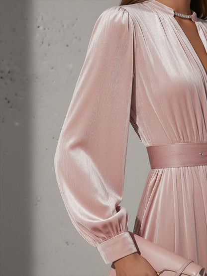 Elegant Retro Round Neck Long Sleeve Velvet Maxi Dress