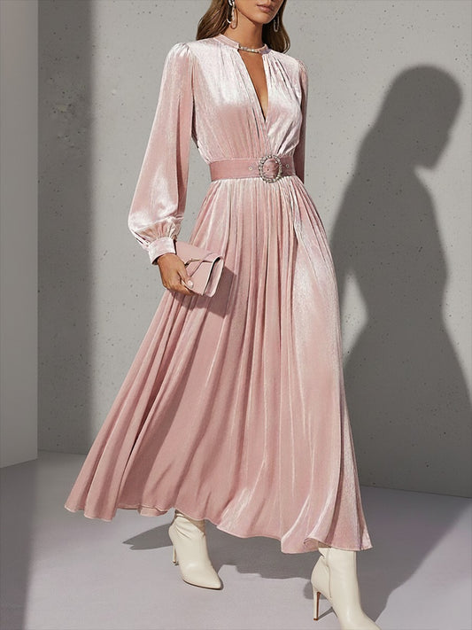 Elegant Retro Round Neck Long Sleeve Velvet Maxi Dress