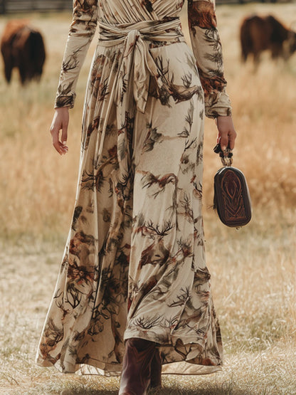 Fashion Return Apricot Velvet Plum Blossom Print Lace-up Maxi Dress