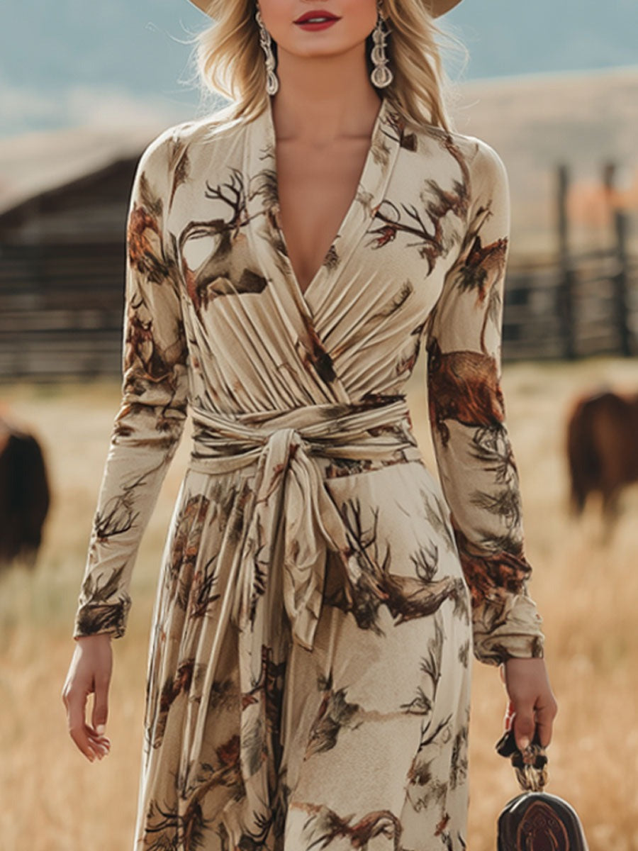 Fashion Return Apricot Velvet Plum Blossom Print Lace-up Maxi Dress