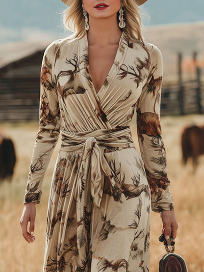 Fashion Return Apricot Velvet Plum Blossom Print Lace-up Maxi Dress