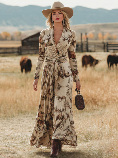 Fashion Return Apricot Velvet Plum Blossom Print Lace-up Maxi Dress