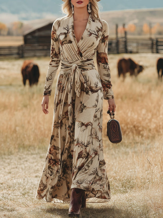 Fashion Return Apricot Velvet Plum Blossom Print Lace-up Maxi Dress