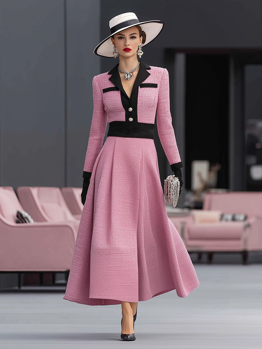 Pink Tweed And Black Ribbon Maxi Dress