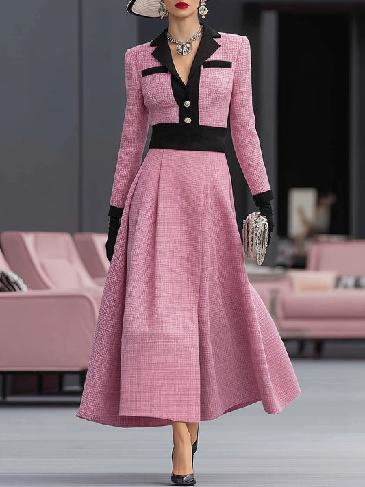 Pink Tweed And Black Ribbon Maxi Dress