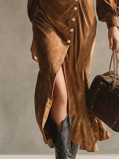 Vintage Western Elegant Lapel Brown Faux Suede Maxi Dress